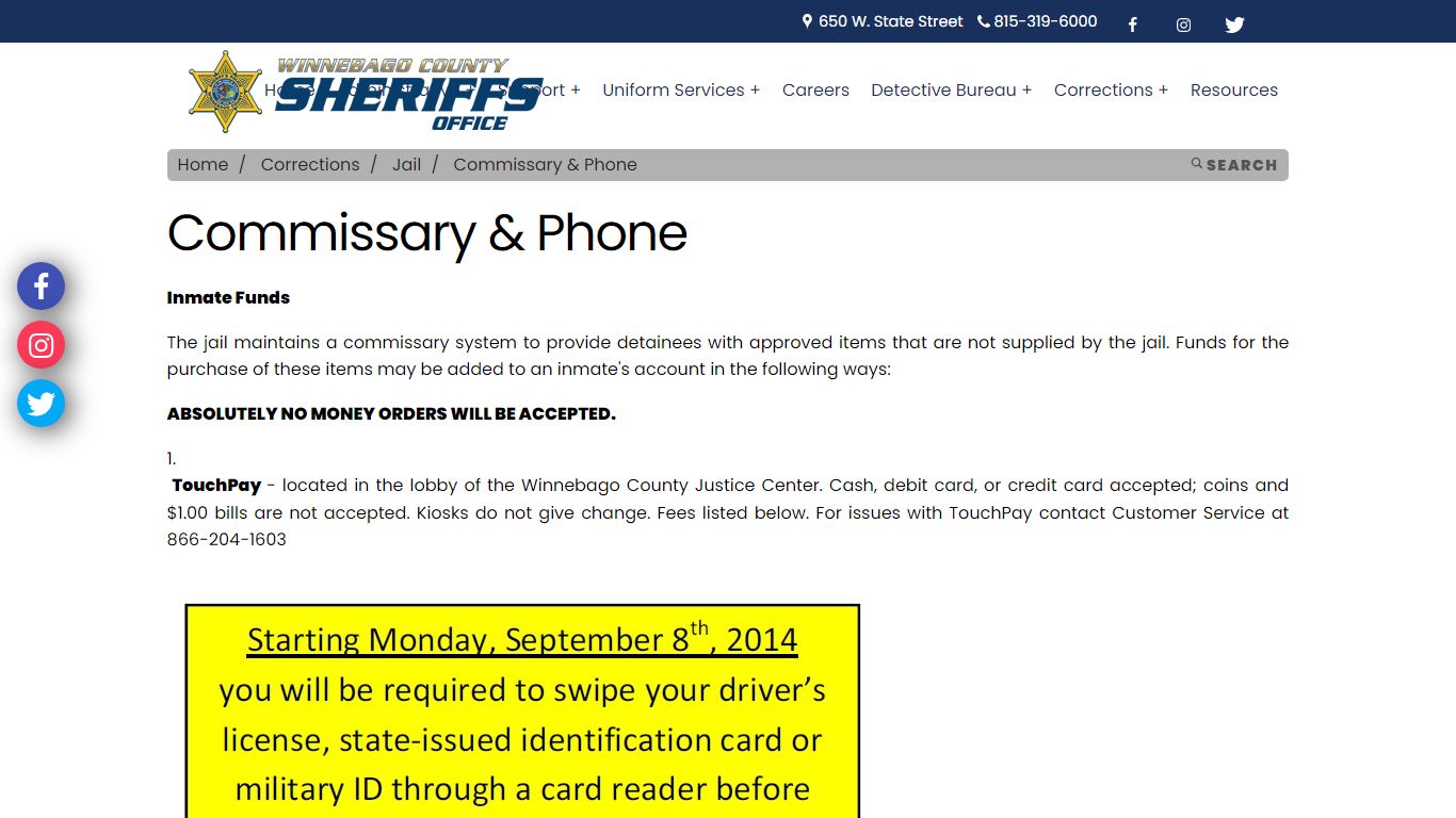 Winnebago Sheriff - Commissary & Phone